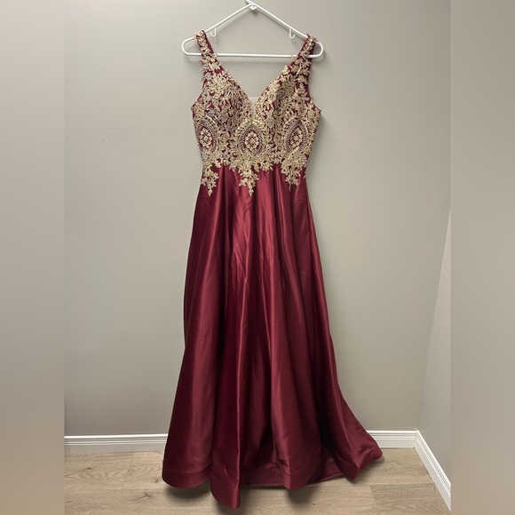 Sugar Dresses & Skirts - Sugar Burgundy‎ & Gold Embroidered Ball Gown Size M (Formal/Prom)
